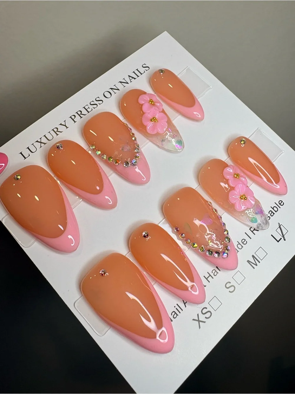 Luxury Pink Floral Press-On Nails - Peach-Pink Almond Set